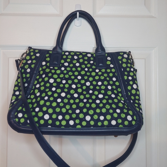 Vera Bradley Lucky Dots Trapeze Tote Navy Blue With Green White Polka Dots - Picture 2 of 12
